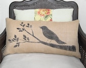 Bird on a Branch - Burlap  Pillow - Handpainted Bird Pillow with Tree Branch Design