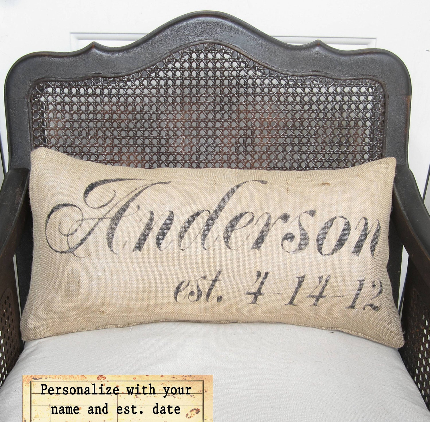 Personalized Name and Est Date Pillow -  Burlap Pillow Lumbar Style
