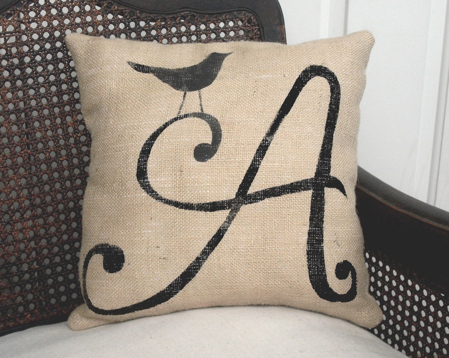 Bird Letter Custom Monogram - Burlap Feed Sack Pillow