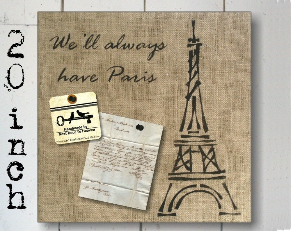 Eiffel Tower -  20 inch - Burlap Feed Sack over Cork Message Board. Bulletin Board, Memo Board