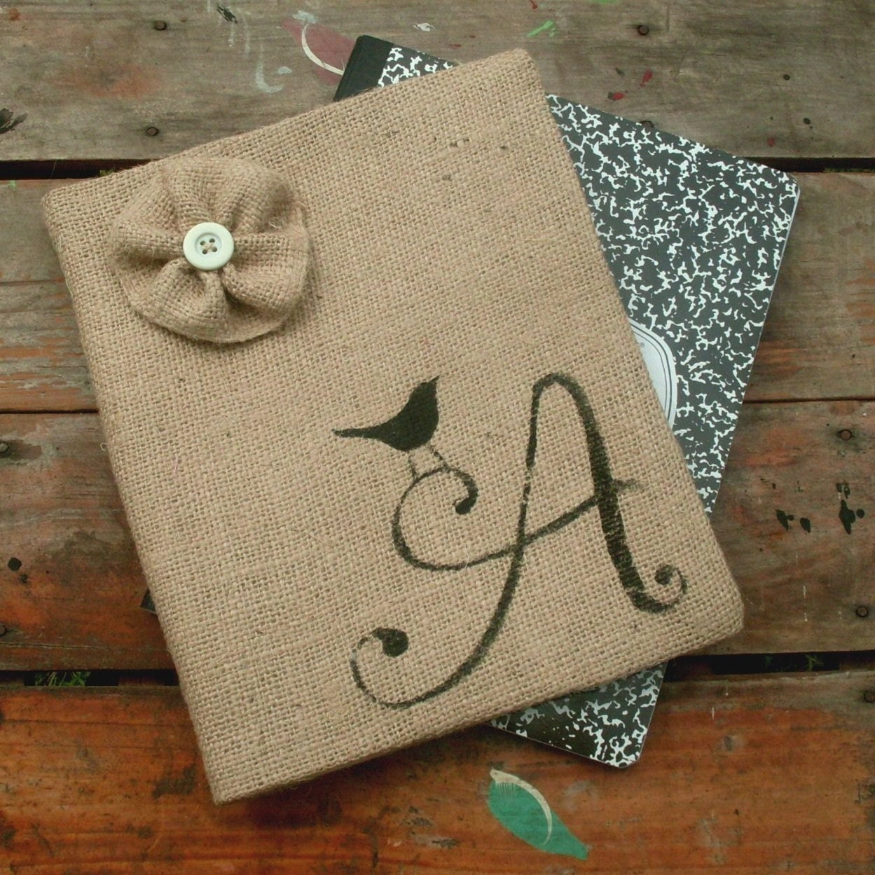Bird Letter - Monogram Burlap Feed Sack Journal Cover w. Notebook