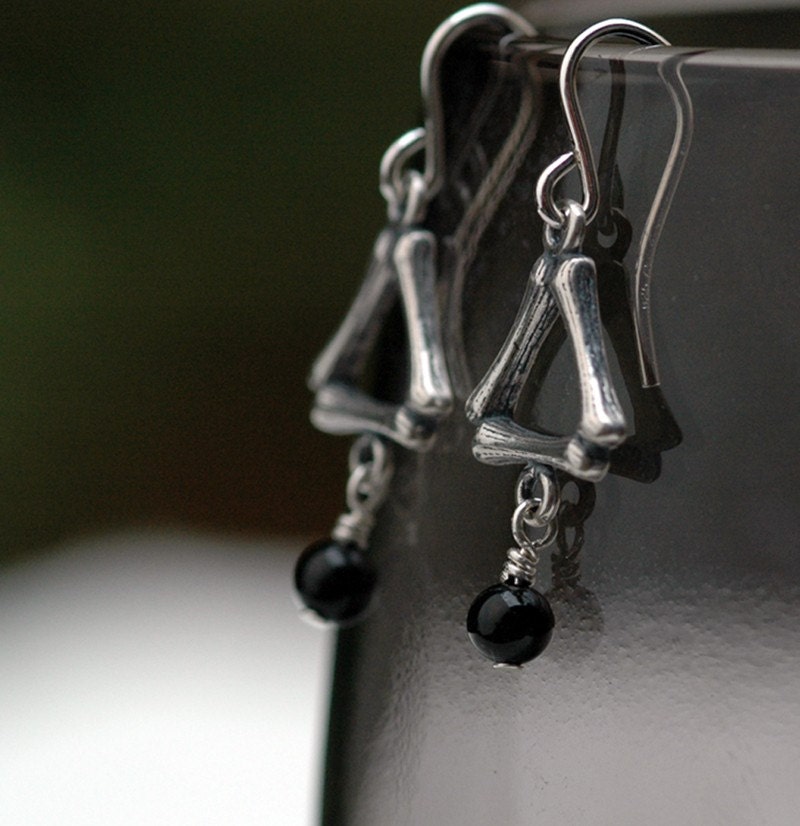 Bamboo Triangle Earrings with Black Onyx in Sterling Silver - Ready to Ship