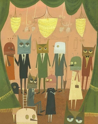 Owl and Pigeon Party. Limited edition print of an original painting by Matte Stephens.
