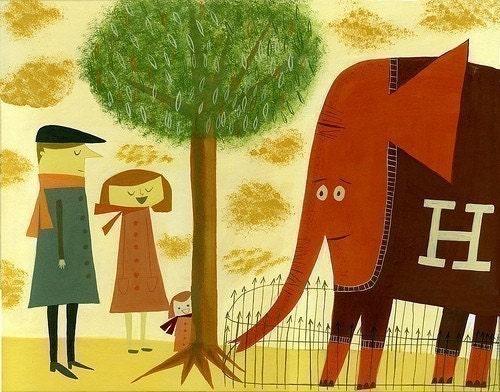 The Abernathy family & Humbert the rare red sweater wearing elephant. Limited edition 13x19 print