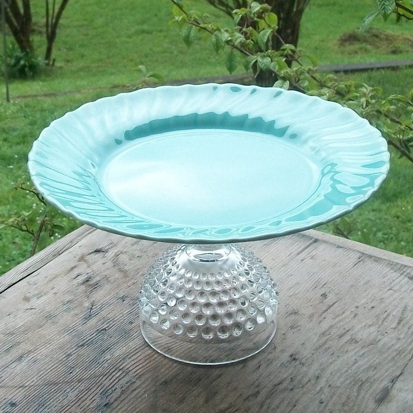 Handmade Franciscan Earthenware Cake Stand in Turquoise