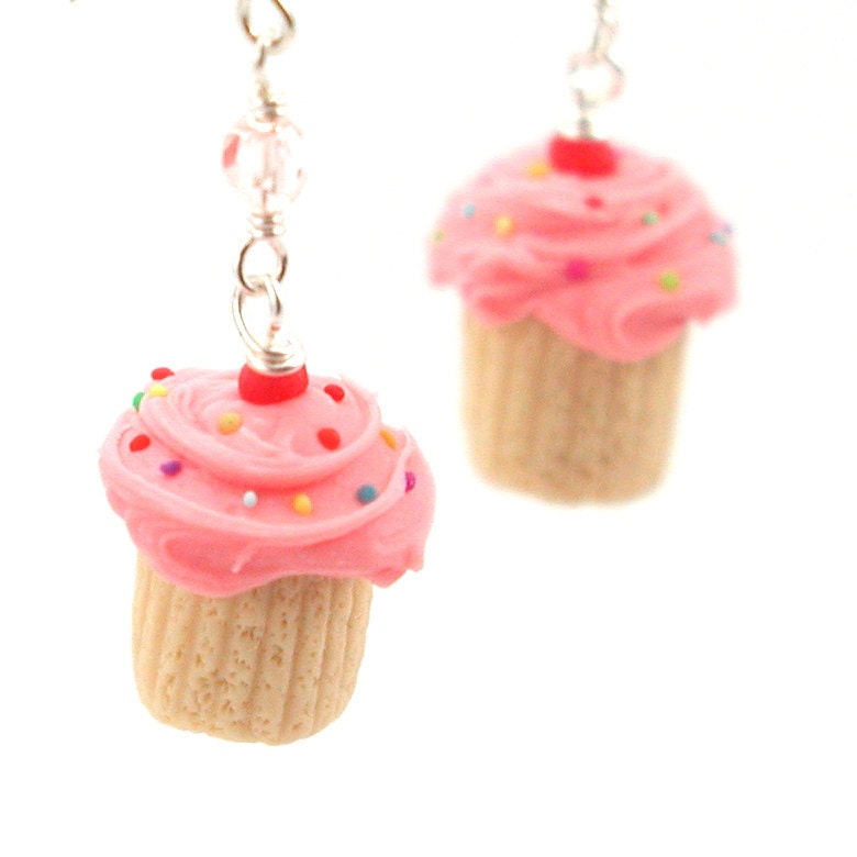 Birthday cupcake earrings : pink sprinkle vanilla cupcake - food jewelry
