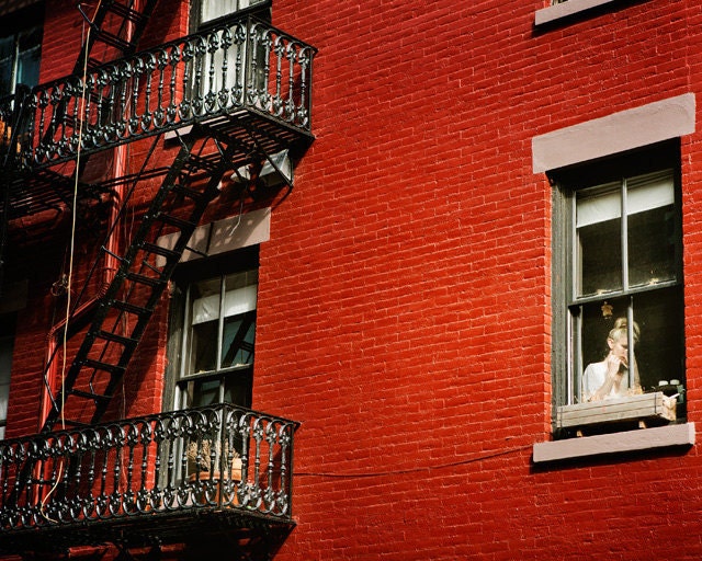 NYC Photograph - The Lady in Red - Woman, Window, Greenwich Village Apartment, Valentine Day, New York City, Street Photography, Home Decor