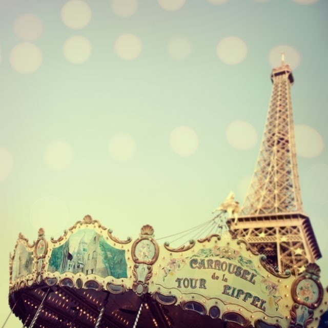 Paris Photograph, Carousel, Eiffel Tower, Spring, Pastel, Easter, Pale Blue, Nursery Art - Carrousel