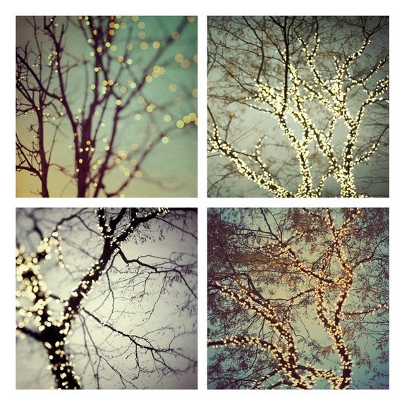 Christmas Lights, Winter Photography, Bare Trees, Blue Green Grey Silver, Four Fine Art Prints  - Night Lights
