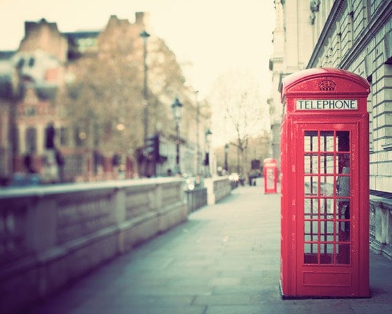 London Photography - Red Phone Box, Telephone Booth, Red, Green, City Street, Urban, Travel Photograph, Jubilee - Hanging on the Telephone