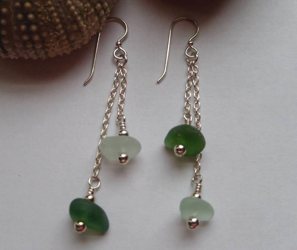 OLIVE and MINT Dangle Sea Glass Earrings by Lake Erie Beach Glass LEbg