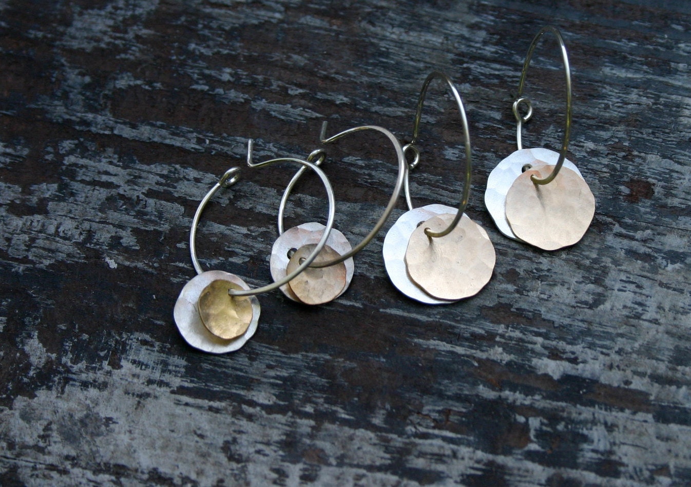 xs double mixed disc on hoop earrings.