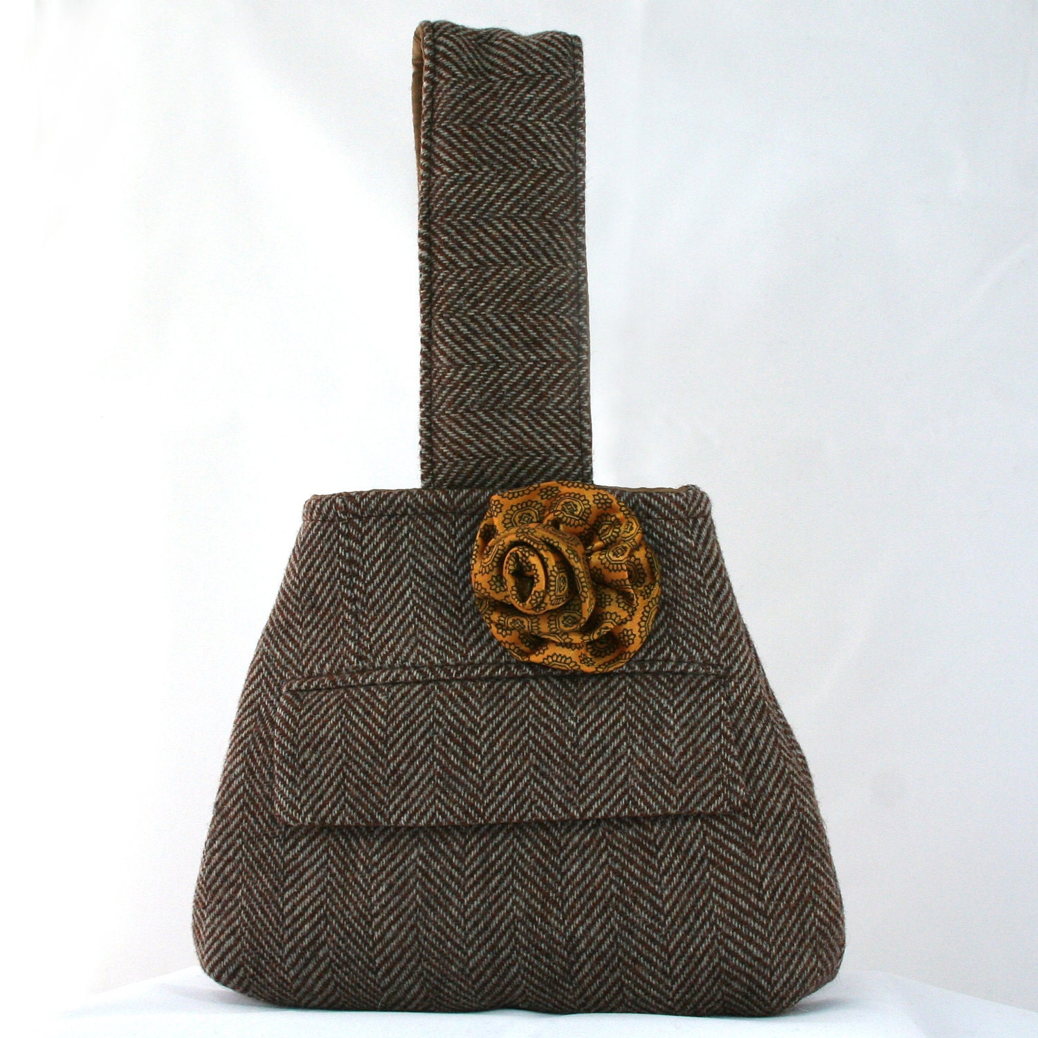 Brown Herringbone Wristlet Upcycled from a Suit