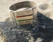 Old Silver Etched African Ring with Red and Green