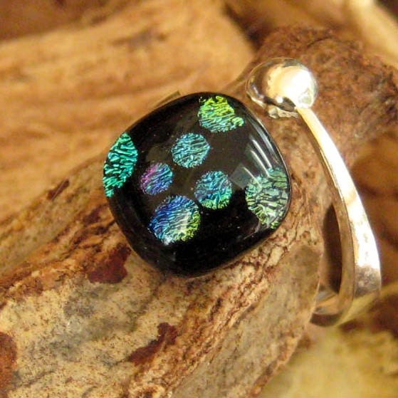 Fused Glass Sterling Silver Ring, Dichoric Jewlry Ring, Polka Dots  Dichroic and Sterling Adjustable Ring