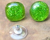 Dichroic Fused Glass Post Earrings, Lime Green Glass Button Earrings, Green Glass Earrings