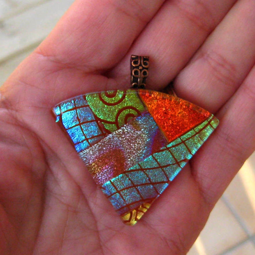 Dichroic Jewelry Fused Glass Pendant - Caramel Fan