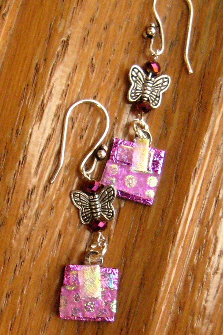 Pink  Dichroic Fused Glass Drop Earrings - Pink Butterfly Earrings