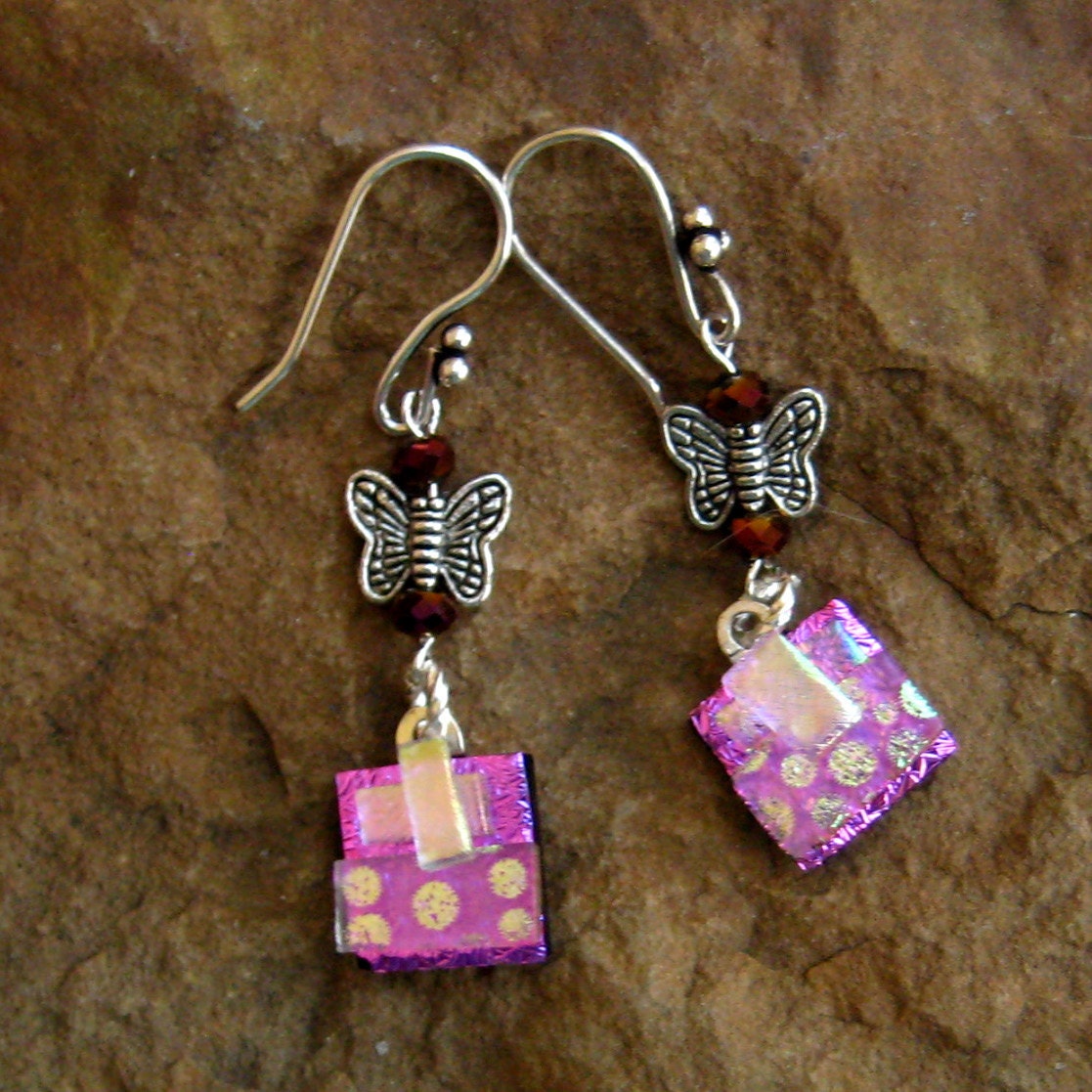 Pink  Dichroic Fused Glass Drop Earrings - Pink Butterfly Earrings