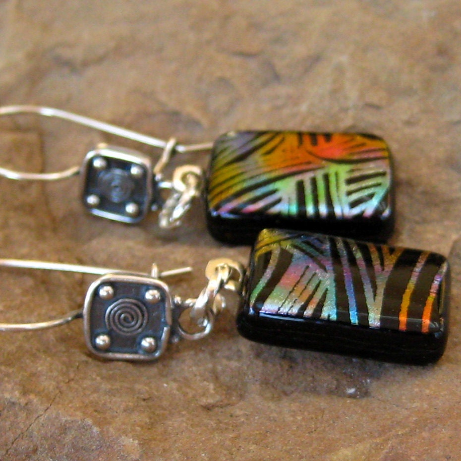 Fused Glass Earrings, Dichroic Fused Glass - Black Tuxedo