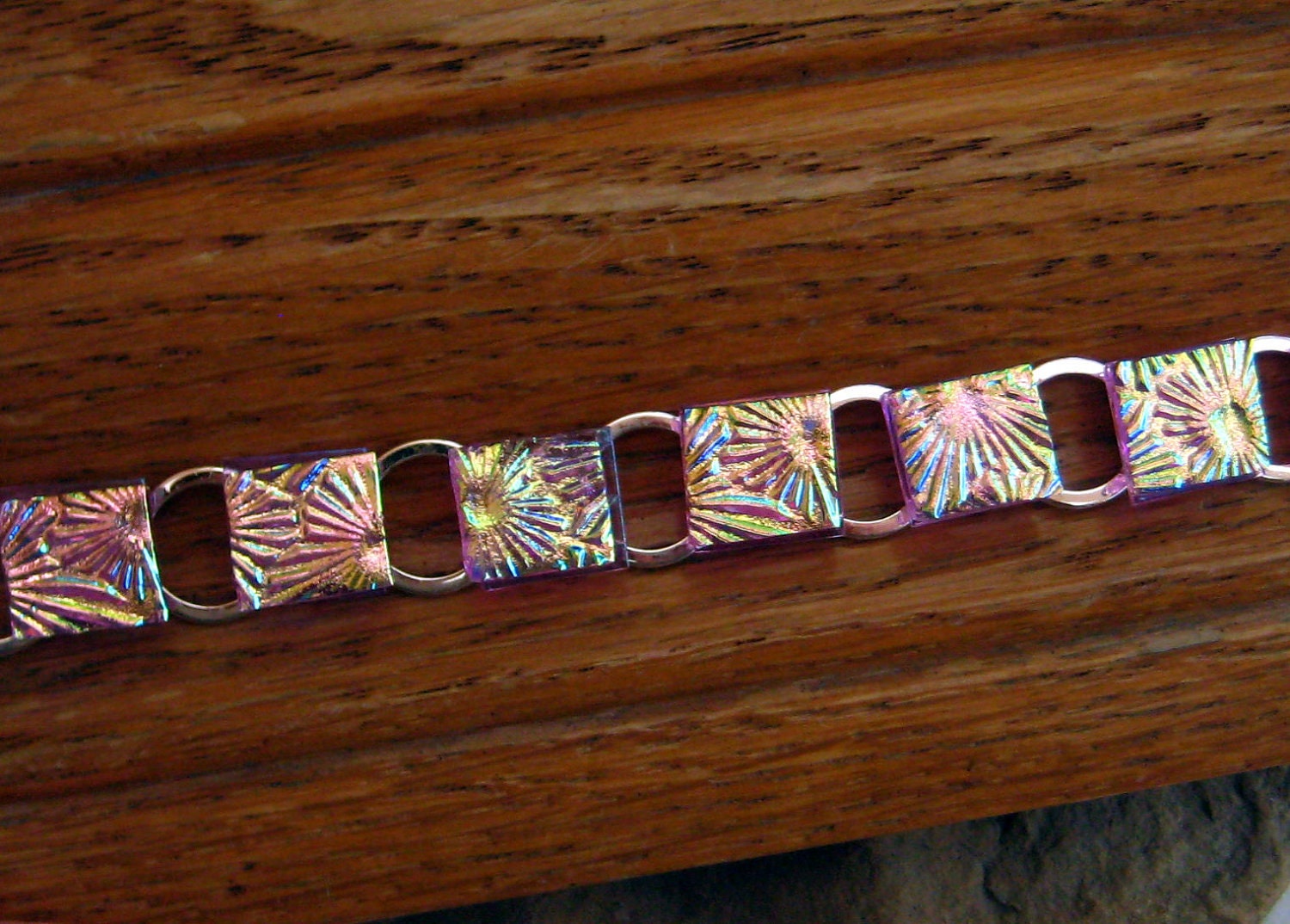 Purple Fused Glass Link Bracelet, Dichroic Textured Glass Bracelet - Purple Flower Garden