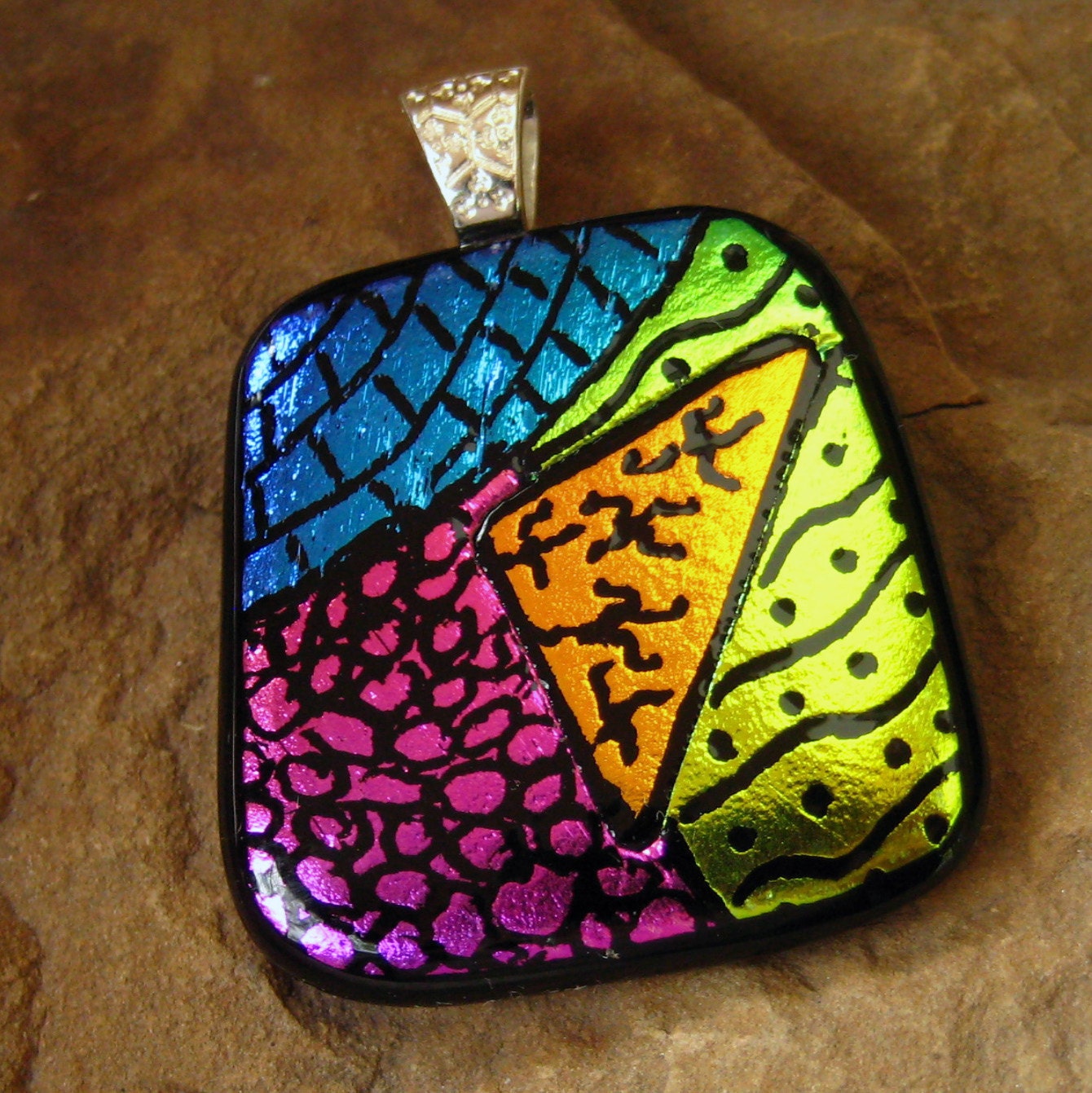 Dichroic Fused Glass Zentangle Pendant, Fused Glass - Crossroads