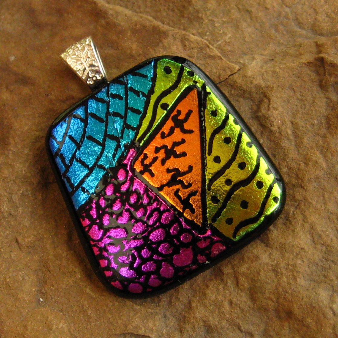 Dichroic Fused Glass Zentangle Pendant, Fused Glass - Crossroads