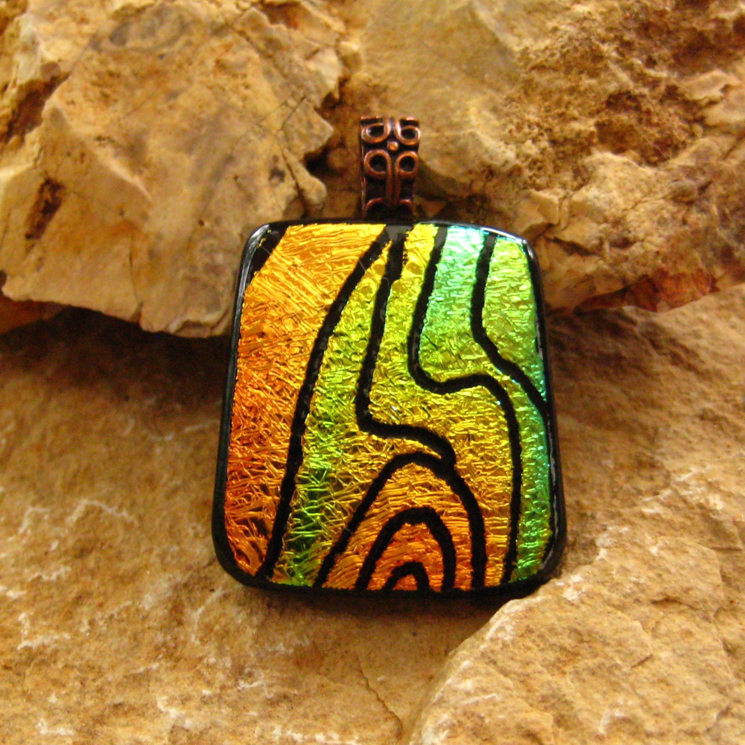 Dichroic Fused Glass Hand Etched  Pendant, Fused Glass -Southwest