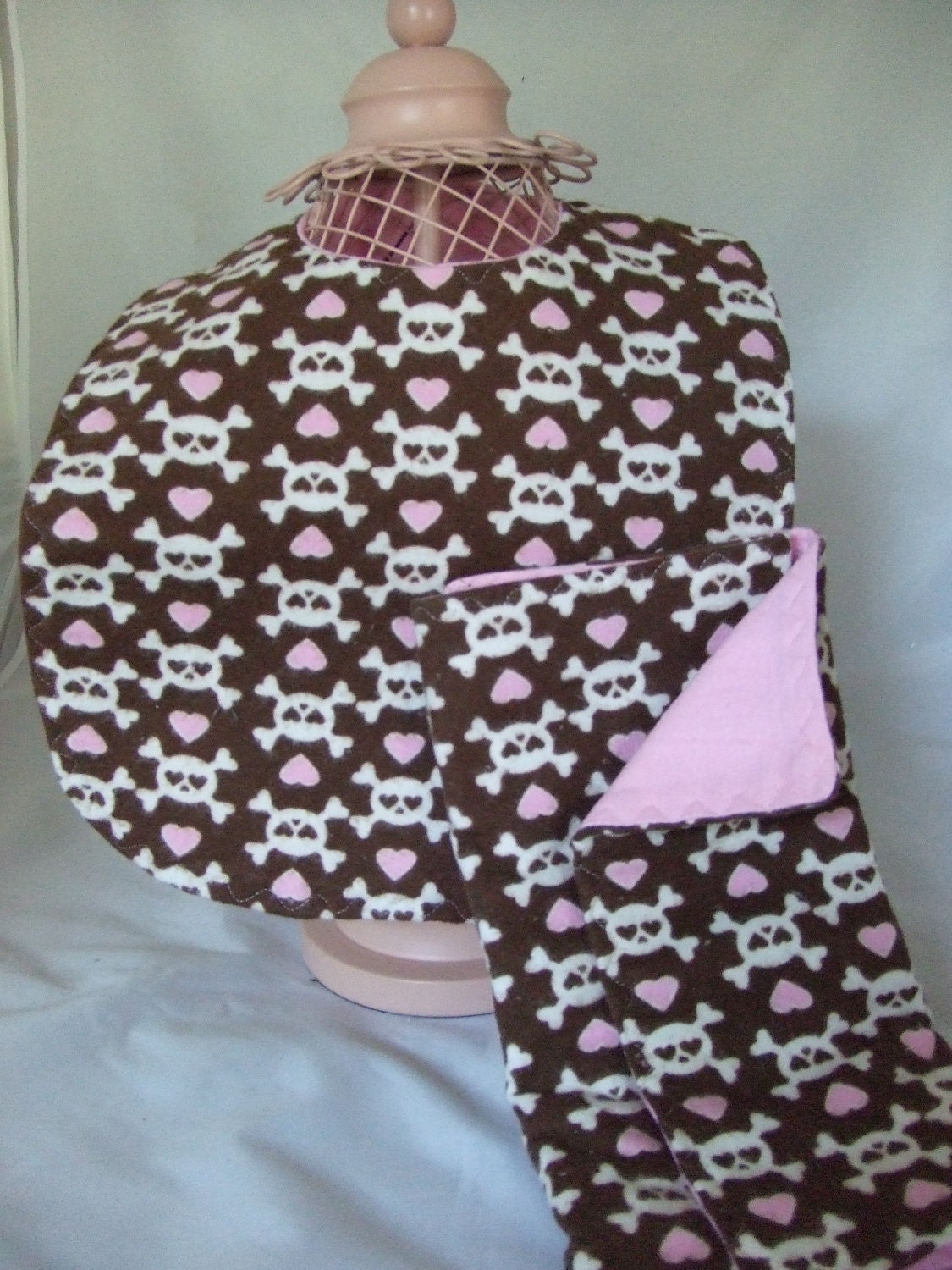 Pink and Brown Skully Bib and Burp Set -- Great Baby Shower Gift