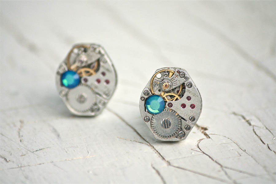Vintage Steampunk Cuff Links Watch Movements Swarovski SKY BLUE OPAL Crystals - Hidden Methodology