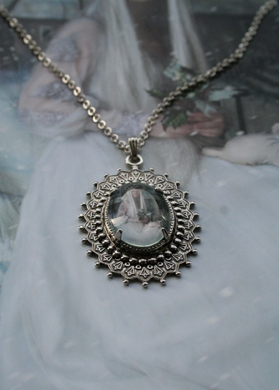 Queen of Winter Ferret Royal Cameo Cabochon Antique'd Silver Pendant necklace