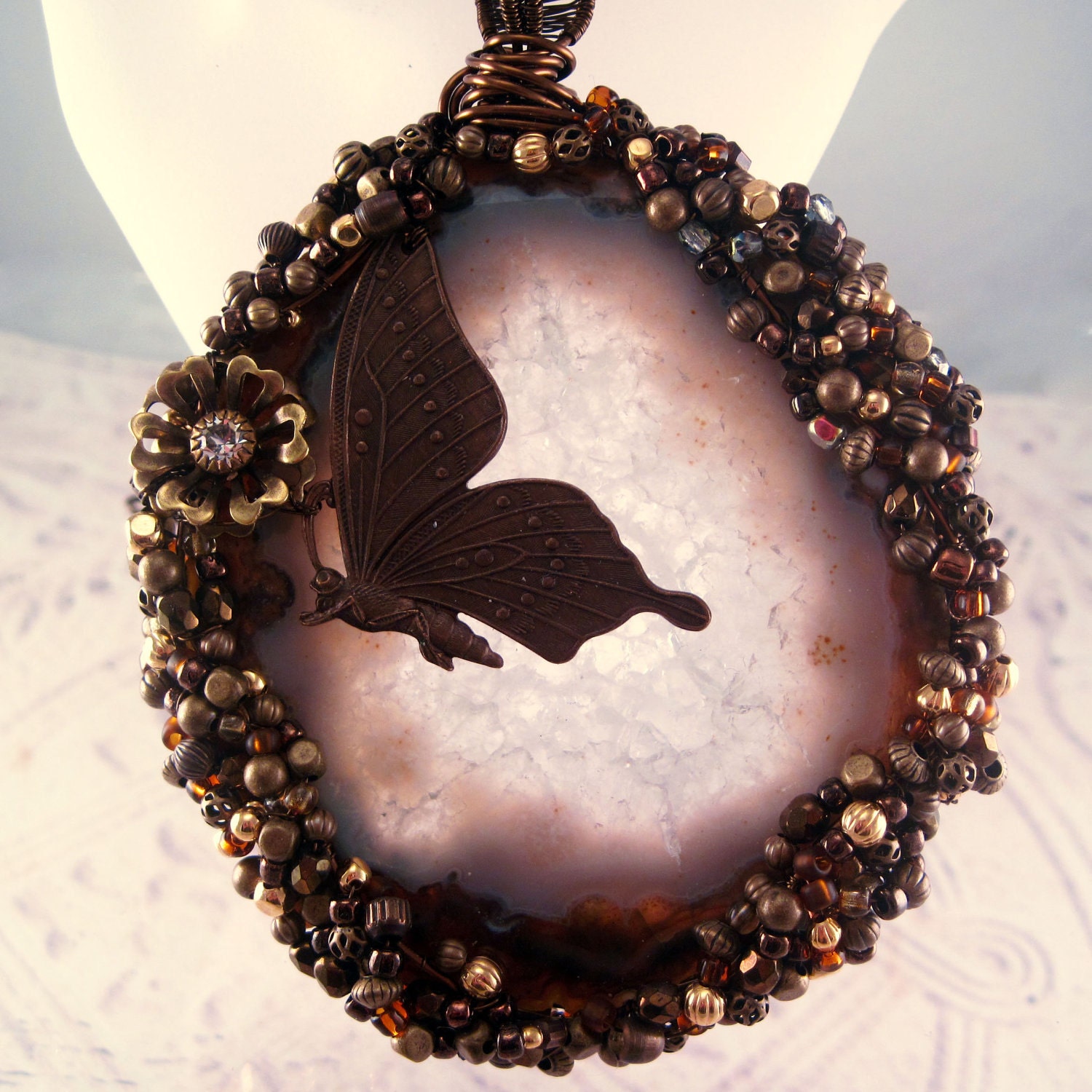 Butterfly Necklace. Wire Wrapped Agate Slice