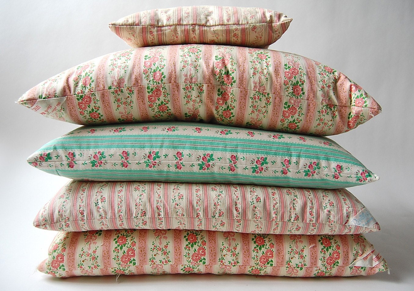 Set of 5 vintage Ticking Feather and Down Pillows . Farm Cottage Chic