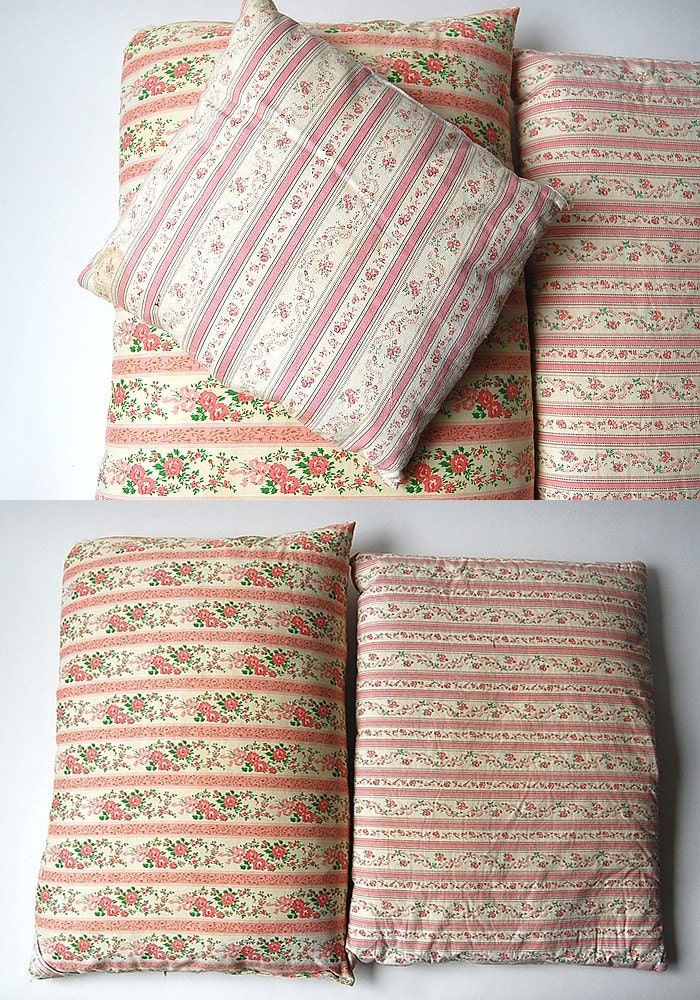 Set of 5 vintage Ticking Feather and Down Pillows . Farm Cottage Chic