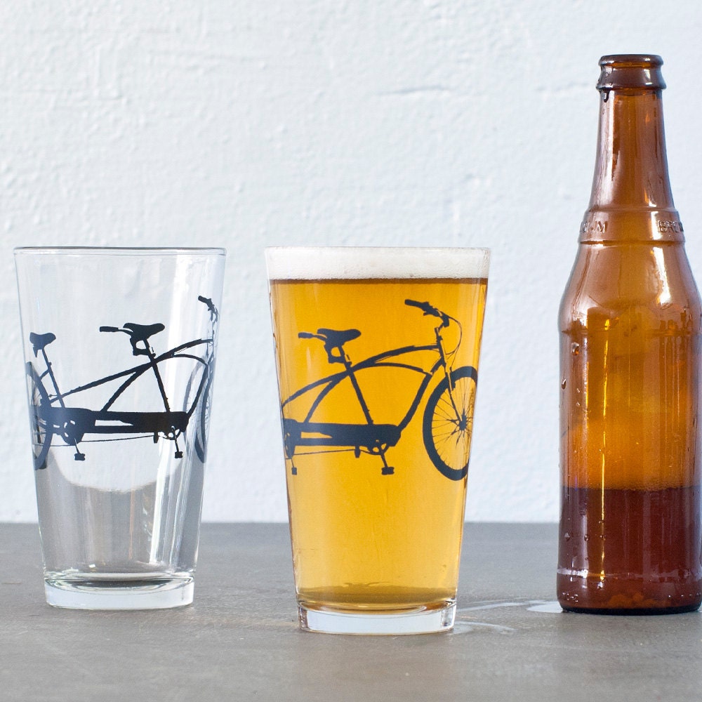 4 hand printed bike pint glasses, charcoal tandem bicycle