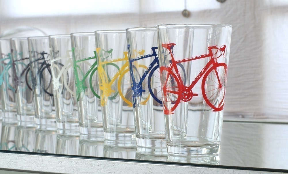 SUPER BIKE PARTY - screen printed bicycle pint glasses, set of 4