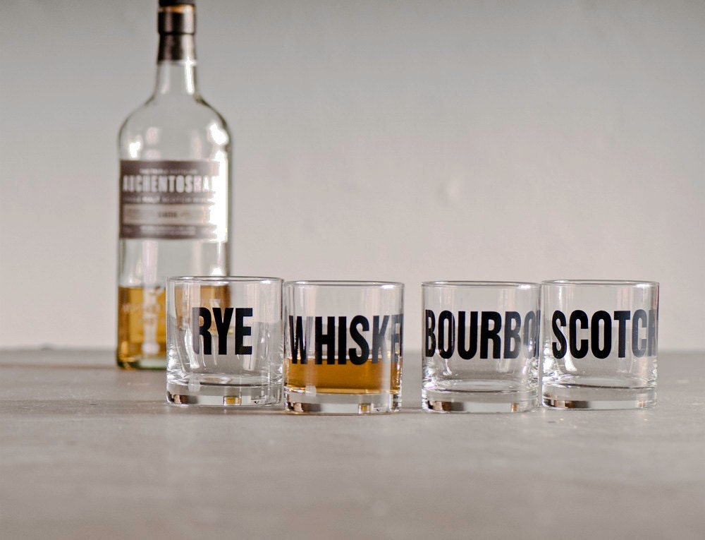 Whiskey, bourbon, scotch and rye - hand printed rocks glasses