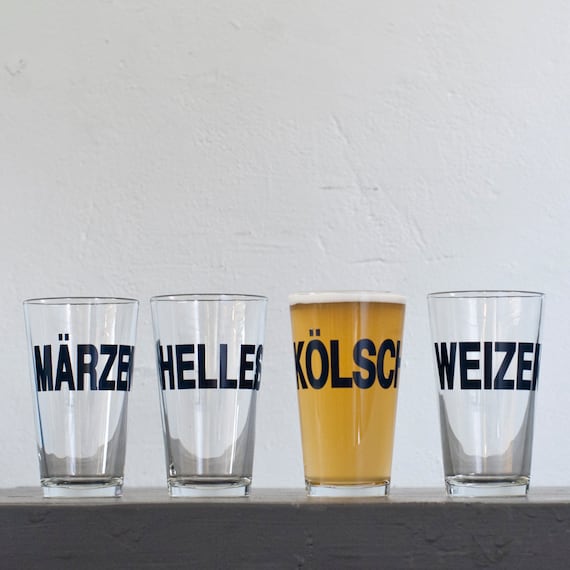 SALE - German beers - 4 hand printed pint glasses - dark charcoal - Märzen Weizen Kölsch and Helles