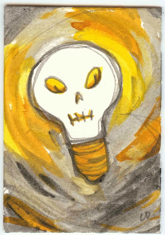 Skull Light Bulb Super Moon original aceo hand drawn ink illustration