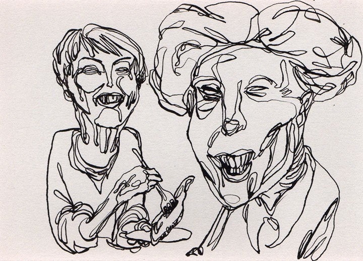 Biddies Eating Meat - an original ink drawing