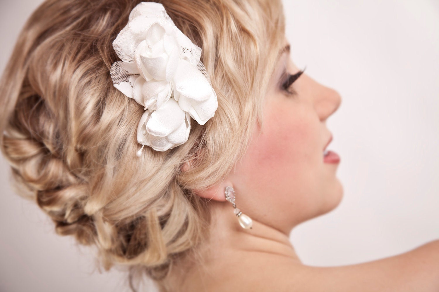 White Wedding Hair Pin - Satin Flower Blossoms with Lace accents