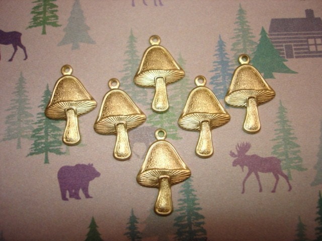 Mushroom Charms BELL CAP  Brass Findings Jewelry /Scrapbook Art/Collage/Crazy Quilt on Etsy x6