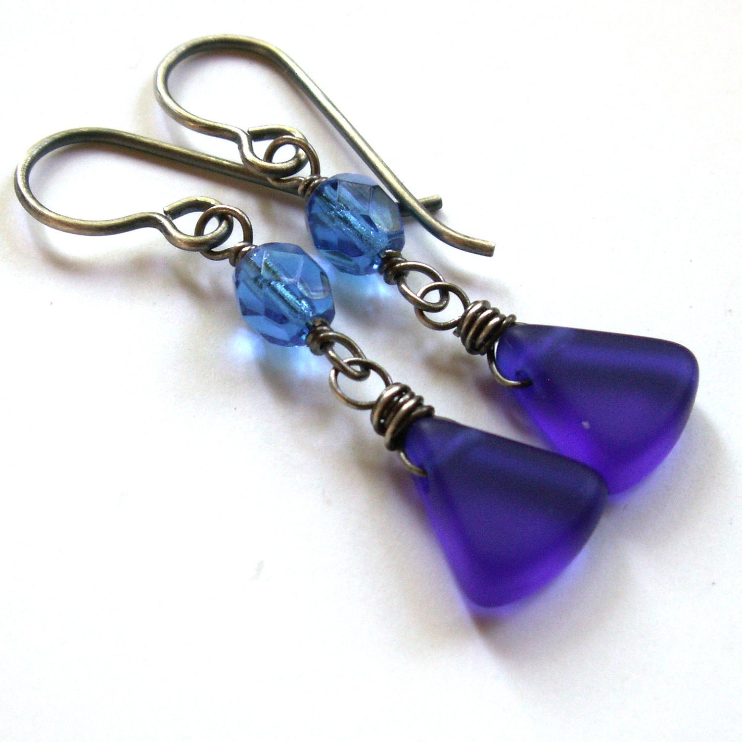 Blue Triangle Earrings . Vintage Glass Earrings . Sterling Silver