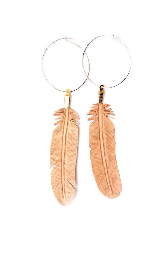 hand carved leather feather earrings - sterling silver hoops