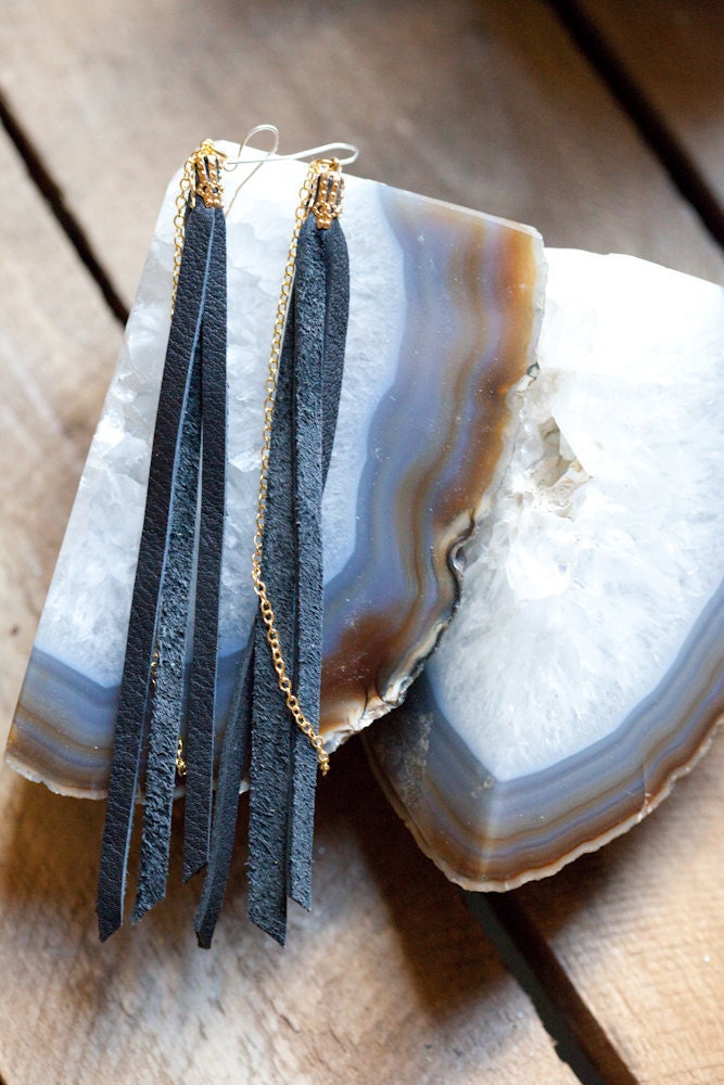 leather earrings - black leather tassel and chain