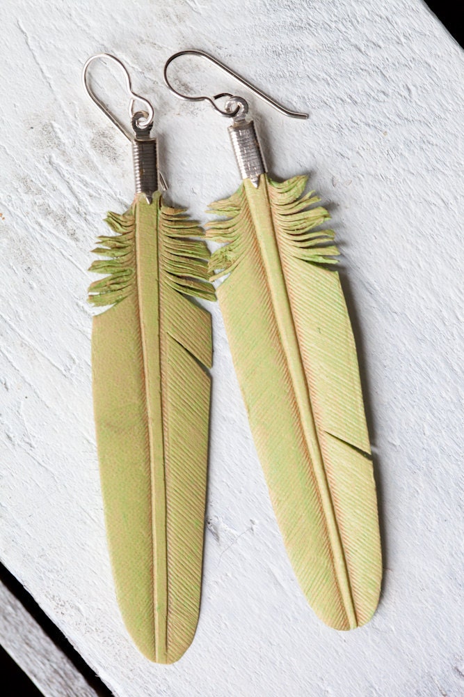 dusty mint hand carved leather feather earrings