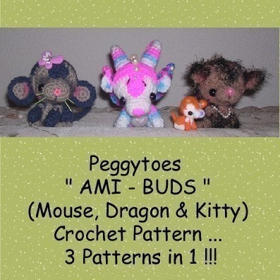 Dragon Cat Mouse Digital PDF Crochet Pattern  Ami-Buds Mini Animals Dolls Toys by Peggytoes