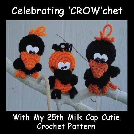 Digital PDF Crochet CROW Pattern Celebrating CrowChet  25th Milk Cap Cutie  by Peggytoes Blackbird Doll Toy