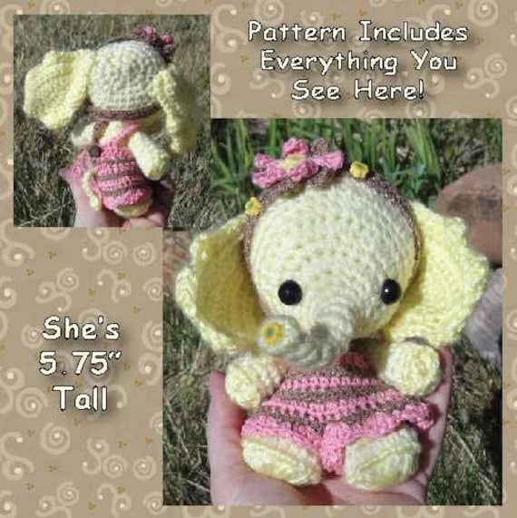 SALE Digital PDF Chiffon the Little Lemon Elephant Crochet Pattern Stuffed Doll Toy by Peggytoes
