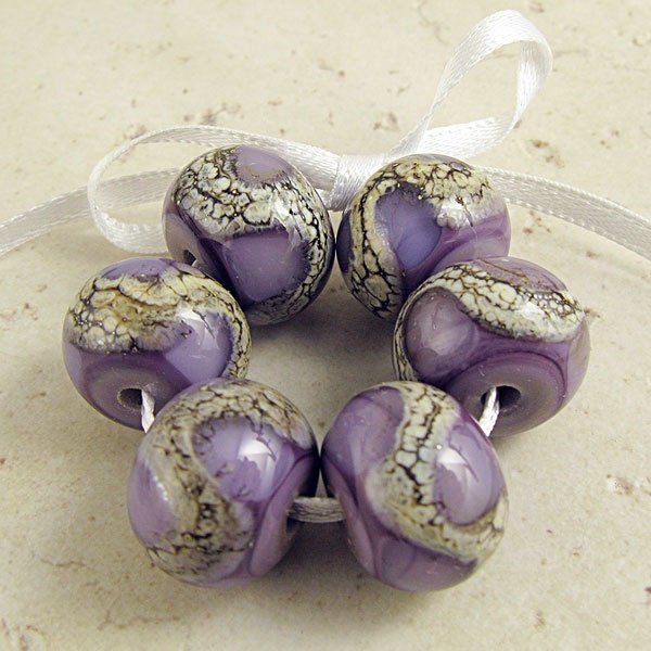 Lampwork Glass Beads Purple Violet Handmade Set of 6 Organic Webbed Silvered Ivory 14x11mm Amethyst